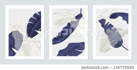 Botanical poster template design, purple and white banana leaves illustrations on grey Botanical poster template design, purple and white banana leaves illustrations on grey 136770089