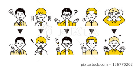Problem solving and improvement young male employees and businessmen upper body vector illustration icon set 136770202