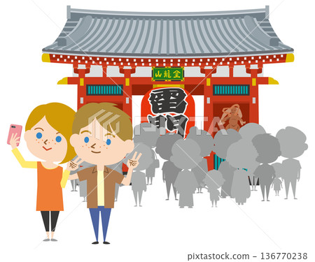 Foreigners taking selfies at tourist spots 136770238