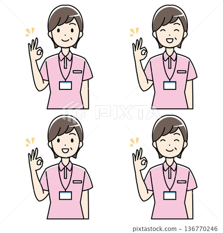 Illustration of a senior woman in a polo shirt smiling and making an OK sign Illustration of a senior woman in a polo shirt smiling and making an OK sign 136770246