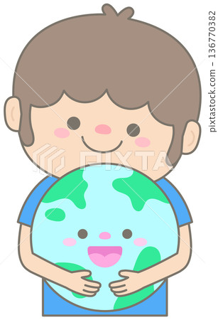 Cute Pastel Boy Hugging Globe for Earth Day Celebration 136770382