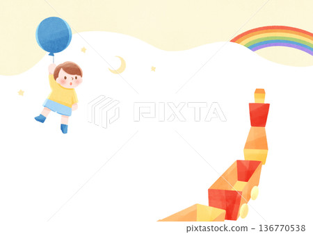 Illustration of a boy flying with balloons over a hill with a rainbow 136770538