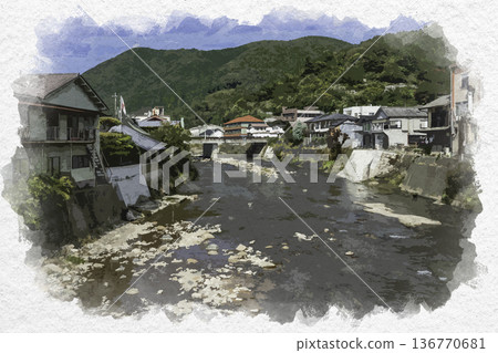 Watercolor painting of Tojo townscape, Tojo River, Shobara City, Hiroshima Prefecture 136770681