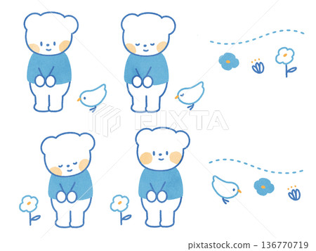 Cute illustration of a politely greeting polar bear and little bird. 136770719