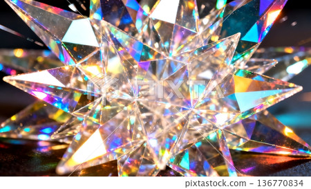 A stunning star-shaped crystal, expertly cut to refract light into a mesmerizing spectrum of colors. Perfect for themes of brilliance, luxury, and abstract beauty, showcasing intricate facets 136770834