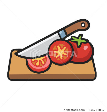 Sliced tomato, whole tomato, kitchen knife, cutting board, fresh vegetable, cooking preparation Sliced tomato, whole tomato, kitchen knife, cutting board, fresh vegetable, cooking preparation 136771037