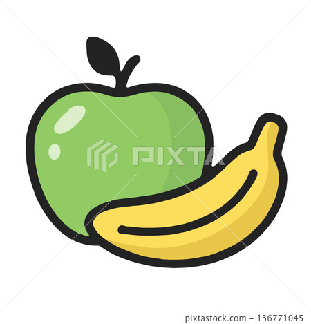 Green apple, yellow banana, fruit icon, healthy food, simple style, isolated white background Green apple, yellow banana, fruit icon, healthy food, simple style, isolated white background 136771045