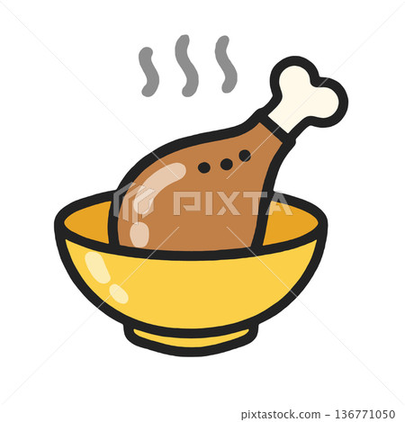 Steaming chicken leg, yellow bowl, cartoon, food icon, simple style, isolated white background Steaming chicken leg, yellow bowl, cartoon, food icon, simple style, isolated white background 136771050