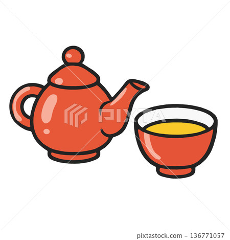 Red teapot, tea cup, hot drink, cartoon style, simple design, white background 136771057