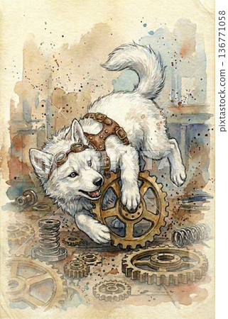 A steampunk-style fantasy watercolor illustration of a cute white wolf wearing goggles and gears 136771058