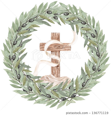 Olive wreath with green leaves, black olives accented by a wooden cross, ribbon, hand-painted watercolor frame isolated on white background, ideal for Lent, church stationery, invitations, Christian 136771119