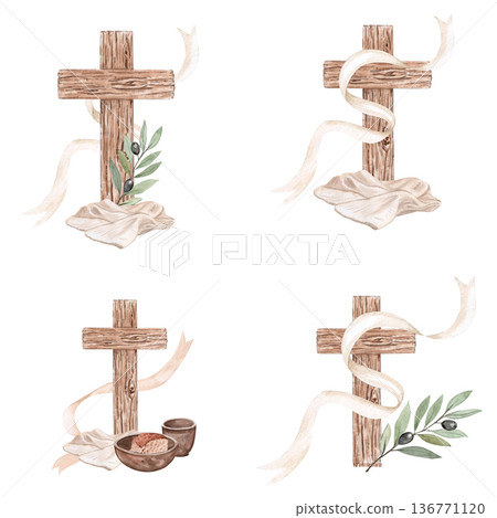 Seamless pattern wooden cross wrapped in ribbon, olive branches and linen cloth, hand-painted watercolor Christian illustration on white background, ideal for fabric, wrapping paper, church stationery 136771120