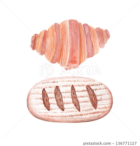 Croissant, artisan bread loaf watercolor bakery set. Hand-painted illustration isolated on white. Fresh baked pastry collection perfect for cafe menus, packaging, branding and food design projects Croissant, artisan bread loaf watercolor bakery set. Hand-painted illustration isolated on white. Fresh baked pastry collection perfect for cafe menus, packaging, branding and food design projects 136771127