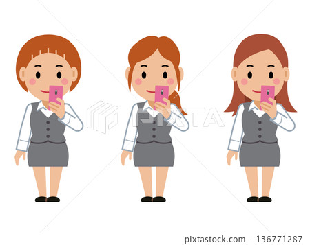 一位身穿灰色職業制服的年輕女子正在查看她的智慧型手機。第二部分 136771287