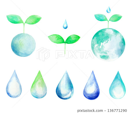 Ecology image icon set: leaves, young leaves, drops 136771290