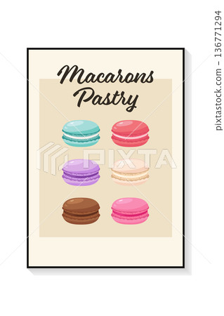 Macarons pastry sweet food dessert vector illustration in a poster frame Macarons pastry sweet food dessert vector illustration in a poster frame 136771294