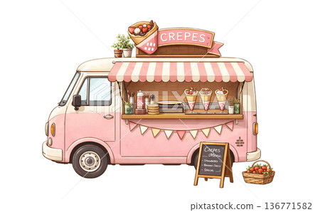 復古時尚的粉紅色可麗餅餐車 136771582