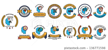 A collection of blue and yellow badges with a head on each one 136771598