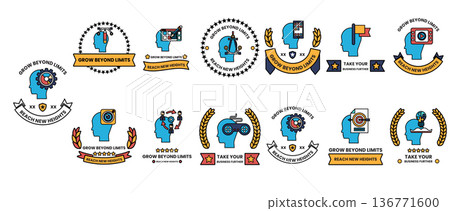 A collection of blue head icons with the word "growth" on them 136771600