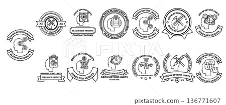A collection of badges with a variety of shapes and designs A collection of badges with a variety of shapes and designs 136771607