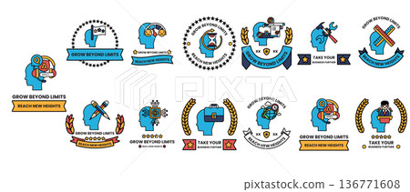 A collection of blue and white icons with the word "brain" on them 136771608