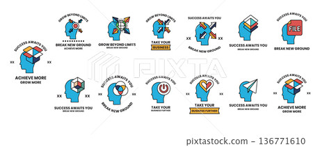The image is a collection of blue heads with various symbols and words The image is a collection of blue heads with various symbols and words 136771610