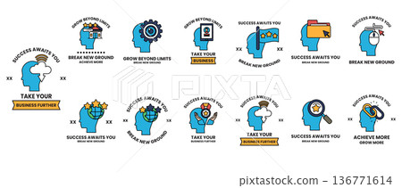 The image is a series of blue heads with various icons and text 136771614