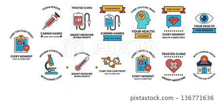 A collection of medical symbols and icons, including a heart, a syringe 136771636
