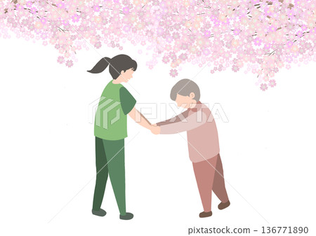 A color illustration of a faceless caregiver training an elderly person to walk under a cherry blossom tree in full bloom 136771890