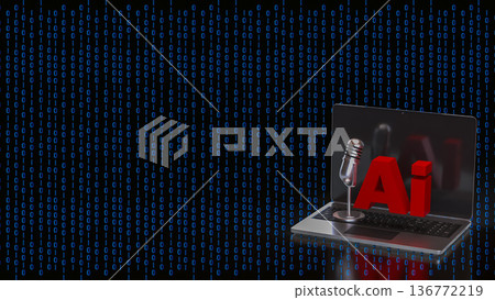 Artificial Intelligence Voice Technology on Laptop with Binary Code 3d render. Artificial Intelligence Voice Technology on Laptop with Binary Code 3d render. 136772219