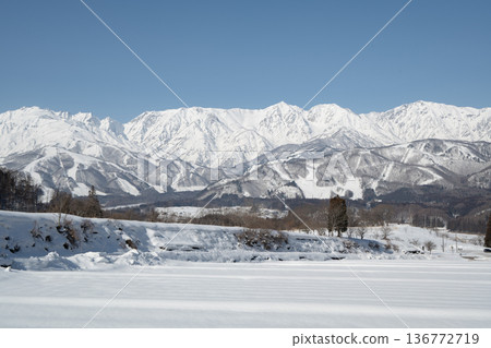 Snowy fields in the Northern Alps in winter, Hakuba Village, Nagano Prefecture Snowy fields in the Northern Alps in winter, Hakuba Village, Nagano Prefecture 136772719