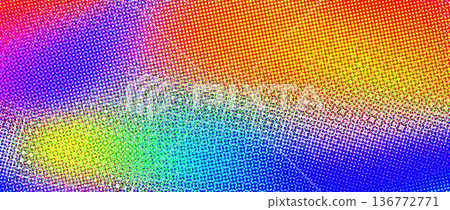 Colorful neon halftone gradient background. Dotted iridescent rainbow half tone gradation texture. Abstract pixelated multicolored wallpaper. Colour dotty bitmap style backdrop concept. Vector 136772771
