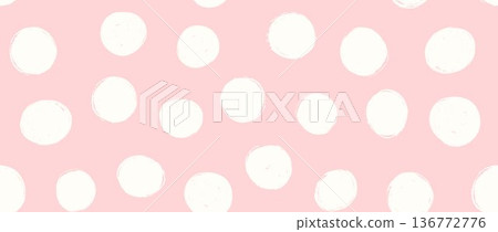 Pastel pink birthday polka dot seamless pattern. Repeated round painted confetti background. Happy dotted wallpaper for Easter wrapping paper, birthday decoration, kid bday nursery decor. Vector 136772776