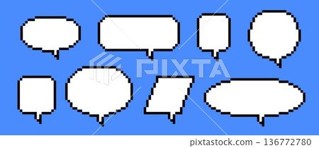 Empty pixel text boxes. Different pixelated chat frame collection. Retro 8 bit border shape pack for speach box bubble, message cloud, communication dialog, talk balloon. Vector illustration bundle Empty pixel text boxes. Different pixelated chat frame collection. Retro 8 bit border shape pack for speach box bubble, message cloud, communication dialog, talk balloon. Vector illustration bundle 136772780