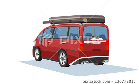 Red modern camper van with roof top tent vector illustration. Adventure minivan side view for road trip, camping, and outdoor travel lifestyle concept. Minimalist flat design isolated on white. 136772815