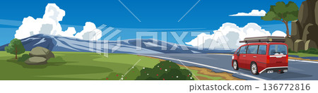 Red camper van with roof top tent driving on a scenic road with mountains and clouds. Adventure road trip and van life travel concept. Modern vector illustration for outdoor lifestyle and tourism. 136772816