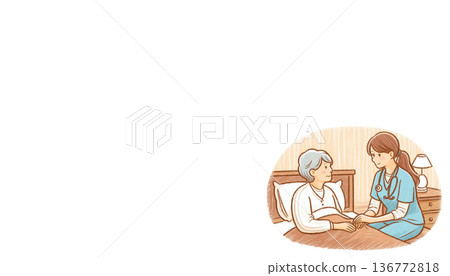 溫柔關懷的插圖，描繪了一位老人坐在床上，一位護理人員正在照顧他。 136772818