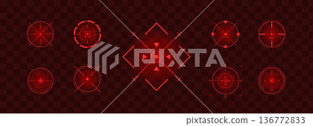 Crosshair Hud red. Futuristic sniper scope. Radar location and viewfinder for game interface. UI Vector illustration Crosshair Hud red. Futuristic sniper scope. Radar location and viewfinder for game interface. UI Vector illustration 136772833
