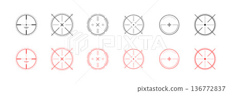 Crosshair Hud red. Sniper scope and radar location system. Viewfinder for futuristic game. UI Vector illustration Crosshair Hud red. Sniper scope and radar location system. Viewfinder for futuristic game. UI Vector illustration 136772837