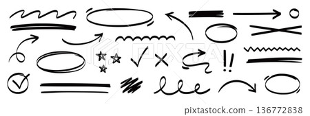 Arrow, highlight marker stroke set. Marker pen line hand drawn brush stroke sketch circle, underline, arrow. Doodle check, cross, highlight scribble round icon sign texture. Vector Arrow, highlight marker stroke set. Marker pen line hand drawn brush stroke sketch circle, underline, arrow. Doodle check, cross, highlight scribble round icon sign texture. Vector 136772838