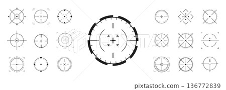 Crosshair Hud. Weapon scope telescope and goal UI elements. Shooting mark symbol. Military target sign. Flat Vector illustration 136772839