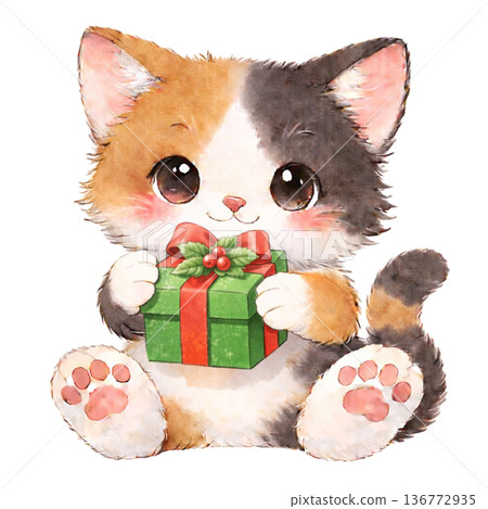 【聖誕節】一隻三色貓抱著禮物的插圖 136772935