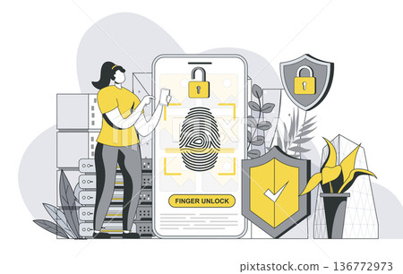 Biometric access control concept with outline people scene. Woman unlocking mobile phone using fingerprint scanner. Personal data protection. Vector illustration in flat line design for web template Biometric access control concept with outline people scene. Woman unlocking mobile phone using fingerprint scanner. Personal data protection. Vector illustration in flat line design for web template 136772973