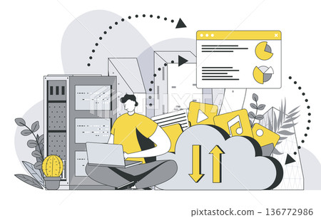 Hosting provider concept with outline people scene. Man works in technical support of Internet provider, maintains work, monitors and tests. Vector illustration in flat line design for web template Hosting provider concept with outline people scene. Man works in technical support of Internet provider, maintains work, monitors and tests. Vector illustration in flat line design for web template 136772986