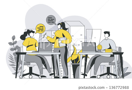 Open space concept with outline people scene. Men and women work together in coworking office, communication, collaboration and teamwork. Vector illustration in flat line design for web template Open space concept with outline people scene. Men and women work together in coworking office, communication, collaboration and teamwork. Vector illustration in flat line design for web template 136772988
