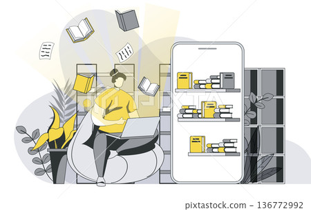 Online reading concept with outline people scene. Woman reads e-books on laptop, stores books in cloud and accesses bookshelf in mobile phone. Vector illustration in flat line design for web template 136772992