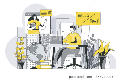 Language courses concept with outline people scene. Man studies online with tutor and learns foreign language. Distance learning with teacher. Vector illustration in flat line design for web template Language courses concept with outline people scene. Man studies online with tutor and learns foreign language. Distance learning with teacher. Vector illustration in flat line design for web template 136772993
