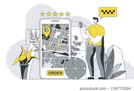 Taxi booking service concept with outline people scene. Man looking for car and orders taxi in mobile application, tracking route on screen. Vector illustration in flat line design for web template 136773004