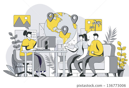 Travel agency concept with outline people scene. Man and woman consulting with tour operator, choosing journey direction for vacation trip. Vector illustration in flat line design for web template 136773006