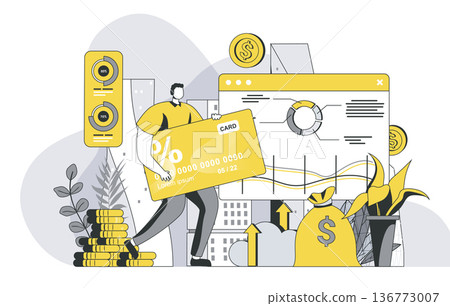 Virtual finance concept with outline people scene. Man manages personal finances in personal account, makes transactions, analyzes bank data. Vector illustration in flat line design for web template Virtual finance concept with outline people scene. Man manages personal finances in personal account, makes transactions, analyzes bank data. Vector illustration in flat line design for web template 136773007